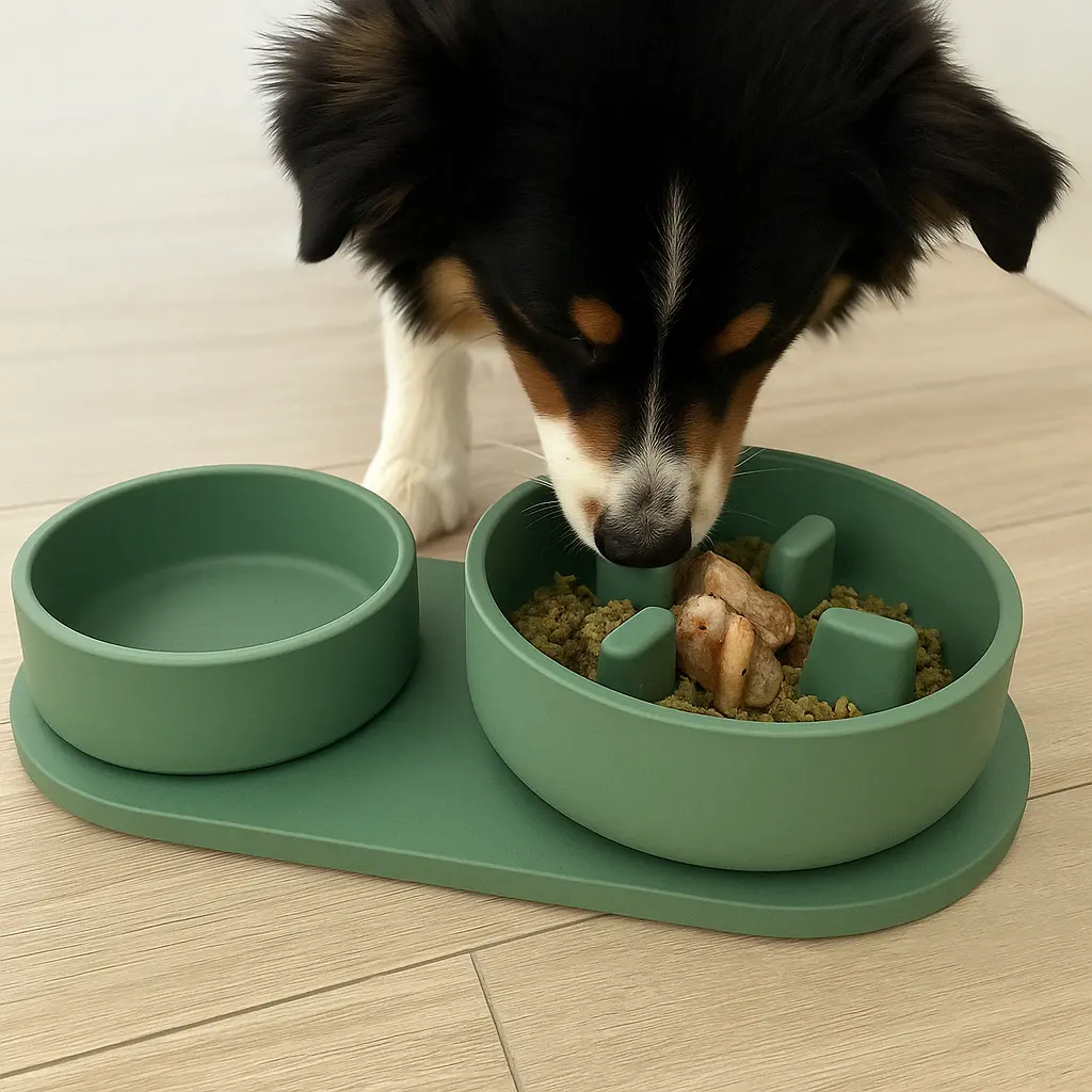 Perro mediano de pelaje tricolor comiendo una dieta BARF con ingredientes frescos en un bol verde tipo comedero antiansiedad, sobre una base en el suelo de madera clara. Imagen enfocada en el bienestar y la nutrición natural del animal.