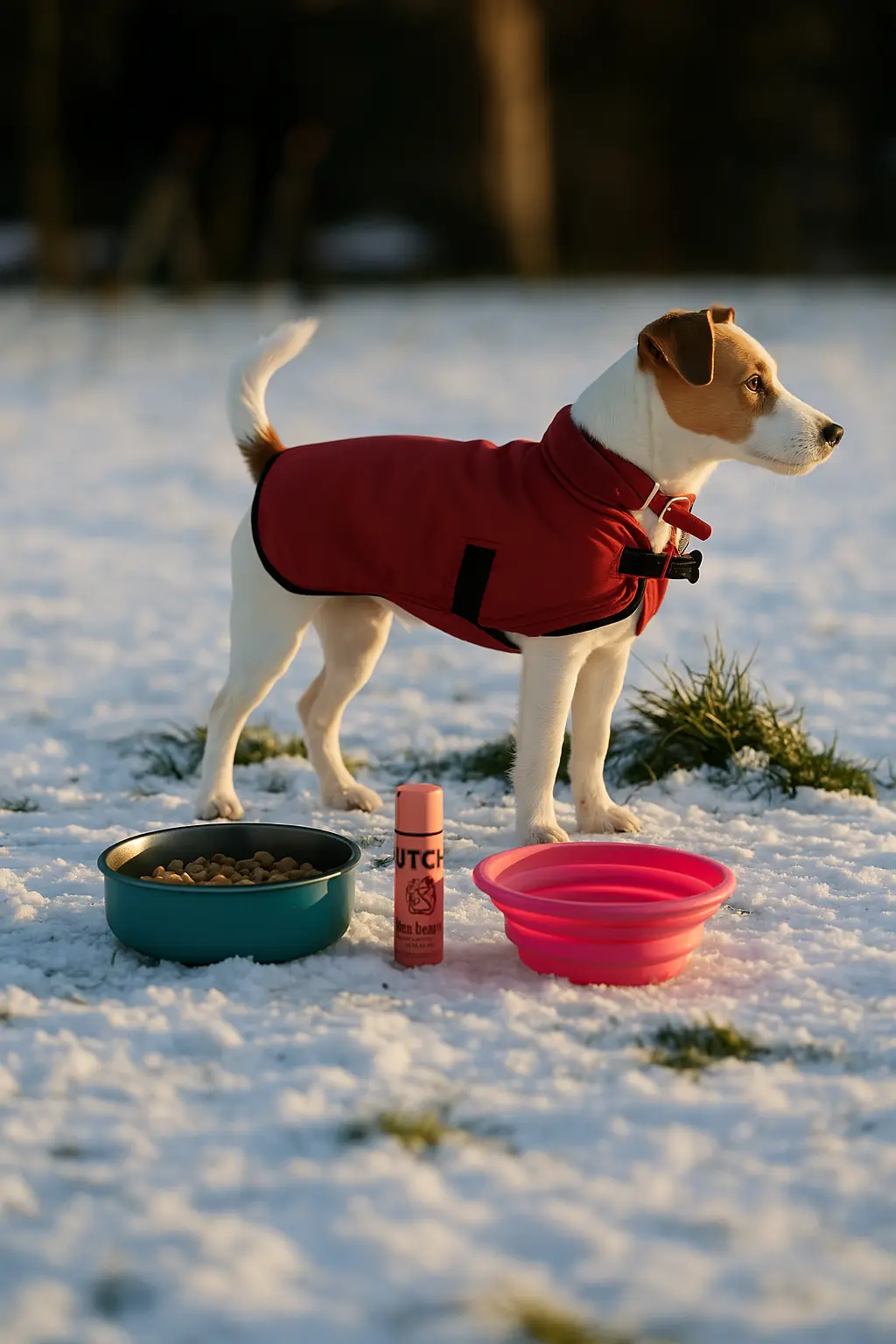 Perro con abrigo, cuencos y bálsamo en la nieve