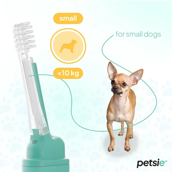Fotografía de un pequeño chihuahua de pelaje claro junto a un cepillo de dientes Petsie con cabezal pequeño. El fondo muestra iconos de huellas y burbujas, y se indica con gráficos que el cabezal es de tamaño pequeño, ideal para perros de menos de 10 kg.