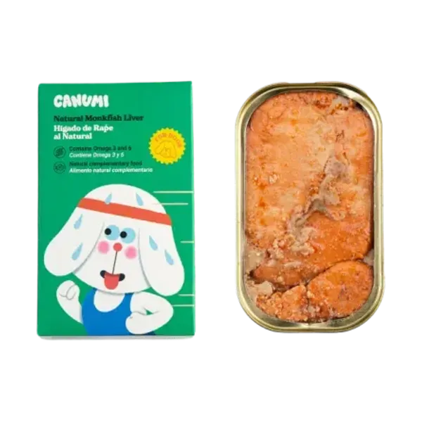 Lata de hígado de rape para perros CANUMI junto a su caja verde con ilustración de un perro con cinta deportiva.