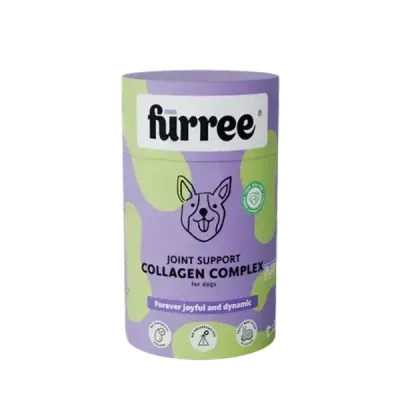 Thumbnail 400x400 for Envase cilíndrico de color morado y verde con diseño moderno, que contiene un suplemento de colágeno para perros en forma de huesitos. Destinado al cuidado de las articulaciones y la movilidad canina, con ingredientes naturales como colágeno Peptan®, glucosamina y mejillón de labios verdes de Nueva Zelanda