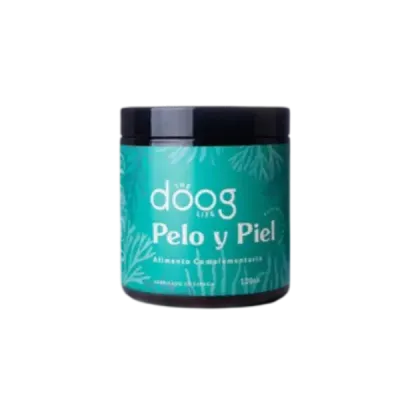 Thumbnail 400x400 for Bote de suplemento natural para el pelo y la piel de los perros. Envase de 120g con diseño verde y negro, etiquetado como alimento complementario sin colorantes ni conservantes, apto para perros 