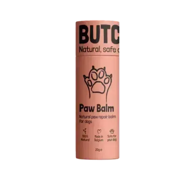 Bálsamo para patas de perro Butchcare en envase reciclado de color terracota. Fórmula natural y vegana, seguro para lamer.