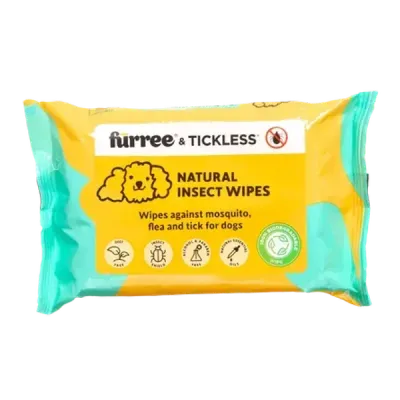 Thumbnail 400x400 for Paquete de toallitas naturales antiparasitarias para perros de la marca Furree & Tickless. Envase amarillo y verde con ilustraciones y textos que indican que repelen mosquitos, pulgas y garrapatas. Producto biodegradable, libre de DEET, alcohol y parabenos, con aceites esenciales naturales.