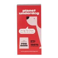 Thumbnail 200x200 for Caja roja de bolsas para excrementos de perro compostables de la marca Planet Underdog. Presenta un diseño con la silueta estilizada de un perro blanco con una oreja negra. Incluye los textos "Saving The Planet One Poo At A Time", "120 Unscented Poo Bags", "0% plastic" y "100% compostable"