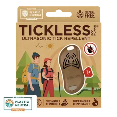 Thumbnail 400x400 for Empaque de TICKLESS® ECOHuman, repelente ultrasónico de garrapatas para humanos. Diseño ecológico en cartón con certificación Plastic Neutral, libre de químicos, biodegradable y compostable. Ideal para senderismo y actividades al aire libre, con protección de hasta 6 meses.