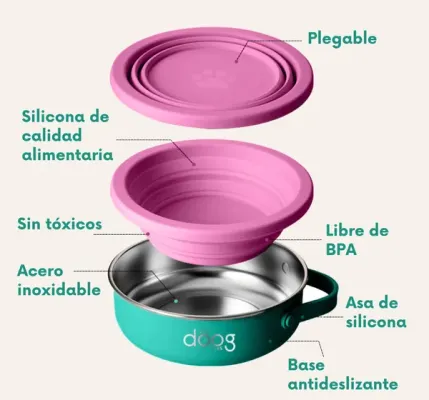 Thumbnail 400x400 for Imagen detallada de un cuenco para perros de la marca Dooglife mostrando sus partes: tapa rosa de silicona plegable, interior de acero inoxidable, base antideslizante y asa lateral, todos materiales seguros y sin tóxicos.