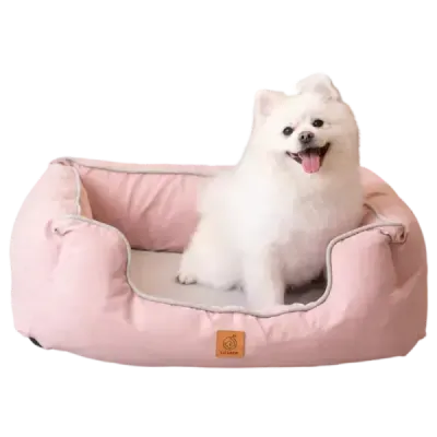 Thumbnail 400x400 for Perro blanco pequeño y esponjoso sentado en una Cama Ortopédica para Perros Luxury de color rosa, con bordes acolchados y diseño ergonómico para mayor comodidad.