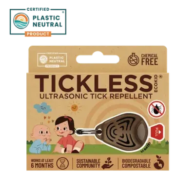 Thumbnail 400x400 for Empaque de TICKLESS® ECOKid, repelente ultrasónico de garrapatas para niños. Diseño ecológico en cartón con certificación Plastic Neutral, libre de químicos, biodegradable y compostable. Ideal para actividades al aire libre, con protección de hasta 6 meses.
