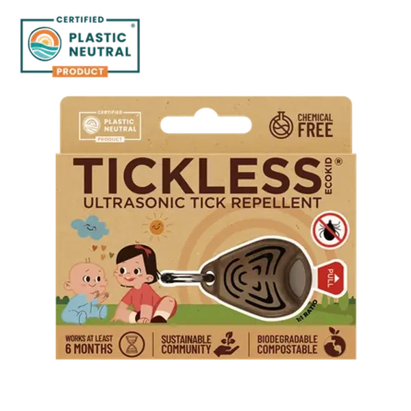 Empaque de TICKLESS® ECOKid, repelente ultrasónico de garrapatas para niños. Diseño ecológico en cartón con certificación Plastic Neutral, libre de químicos, biodegradable y compostable. Ideal para actividades al aire libre, con protección de hasta 6 meses.