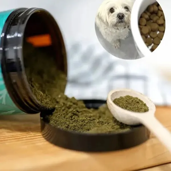 Suplemento natural en polvo para perros, ideal para mezclar con el pienso y mejorar la salud del pelaje y la piel.