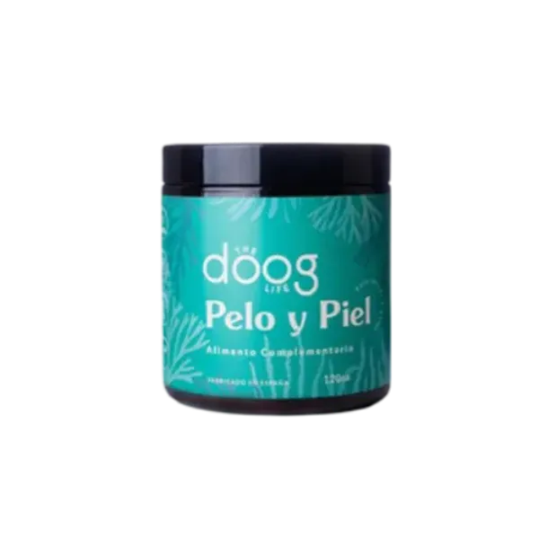 Bote de suplemento natural para el pelo y la piel de los perros. Envase de 120g con diseño verde y negro, etiquetado como alimento complementario sin colorantes ni conservantes, apto para perros 