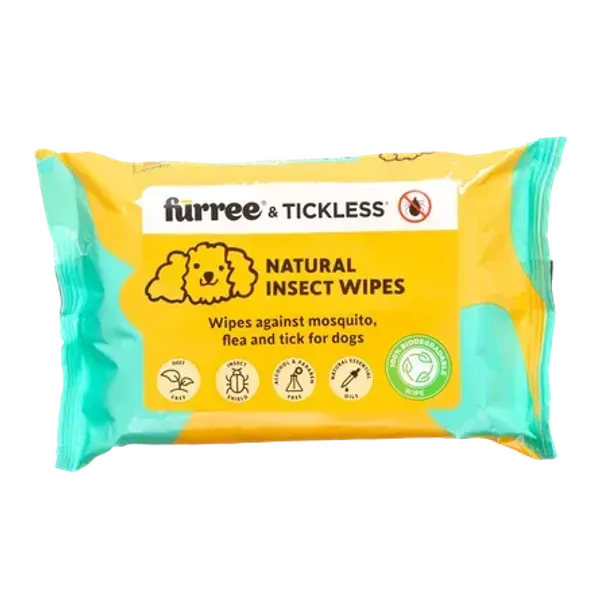 Paquete de toallitas naturales antiparasitarias para perros de la marca Furree & Tickless. Envase amarillo y verde con ilustraciones y textos que indican que repelen mosquitos, pulgas y garrapatas. Producto biodegradable, libre de DEET, alcohol y parabenos, con aceites esenciales naturales.