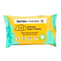 Thumbnail 200x200 for Paquete de toallitas naturales antiparasitarias para perros de la marca Furree & Tickless. Envase amarillo y verde con ilustraciones y textos que indican que repelen mosquitos, pulgas y garrapatas. Producto biodegradable, libre de DEET, alcohol y parabenos, con aceites esenciales naturales.