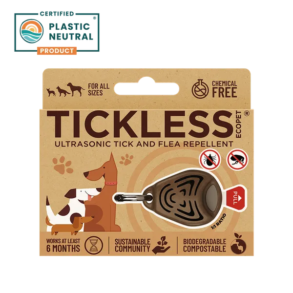 Dispositivo repelente ultrasónico para perros de todos los tamaños, libre de químicos, ideal contra pulgas y garrapatas. Producto ecológico, biodegradable, compostable y certificado como plástico neutral. Protege por al menos 6 meses sin dañar al animal ni al medio ambiente.
