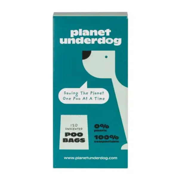 Caja Teal de bolsas para excrementos de perro compostables de la marca Planet Underdog. Su diseño muestra la silueta de un perro blanco con una oreja negra, acompañado de los textos "Saving The Planet One Poo At A Time", "120 Unscented Poo Bags", "0% plastic" y "100% compostable". La web de la marca, www.planetunderdog.com, aparece en la parte inferior.