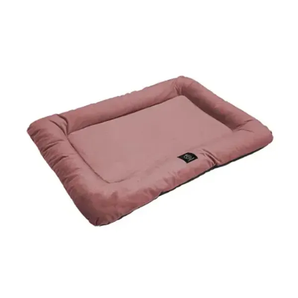 Colchón ergonómico para perros en tono rosa suave, con bordes amortiguados y disponible en medidas XS y S. La etiqueta con el logo "LIFEAPP" resalta la calidad del producto, ideal para perros que necesitan soporte adicional.