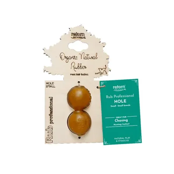 Pelota ecológica con agujeros para perros, hecha de resina natural sostenible. Ideal para juegos interactivos, mordida segura y estimulación mental.