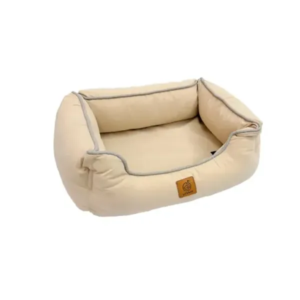 Cama ortopédica para perros de color beige, talla M, con materiales transpirables y bordes altos para mayor seguridad.